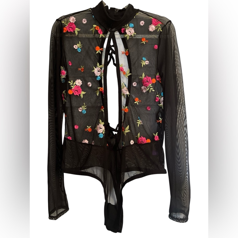 Black Shear Cutout Bodysuit Lingerie Long Sleeves embroidered floral Size 1X-2X